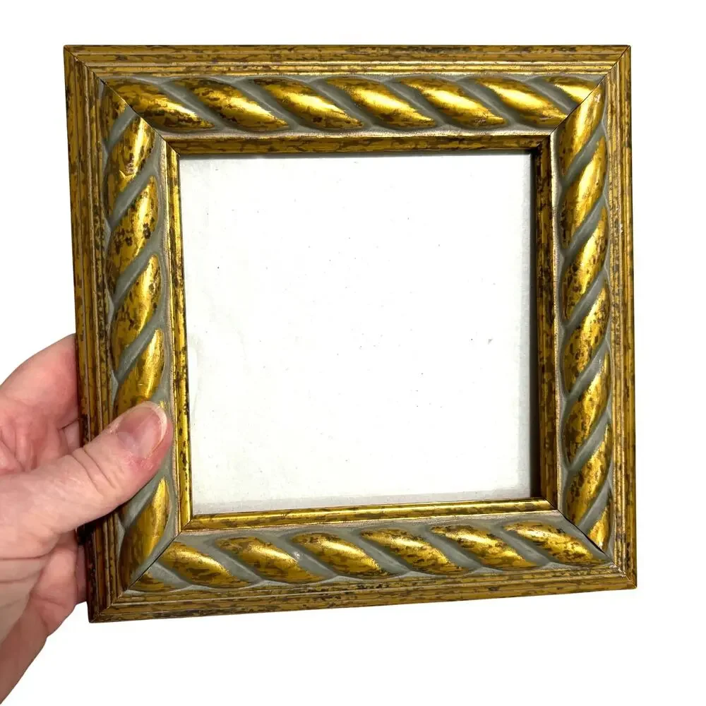 Vintage style free standing photo frame rear loading gold painted wood 5” square